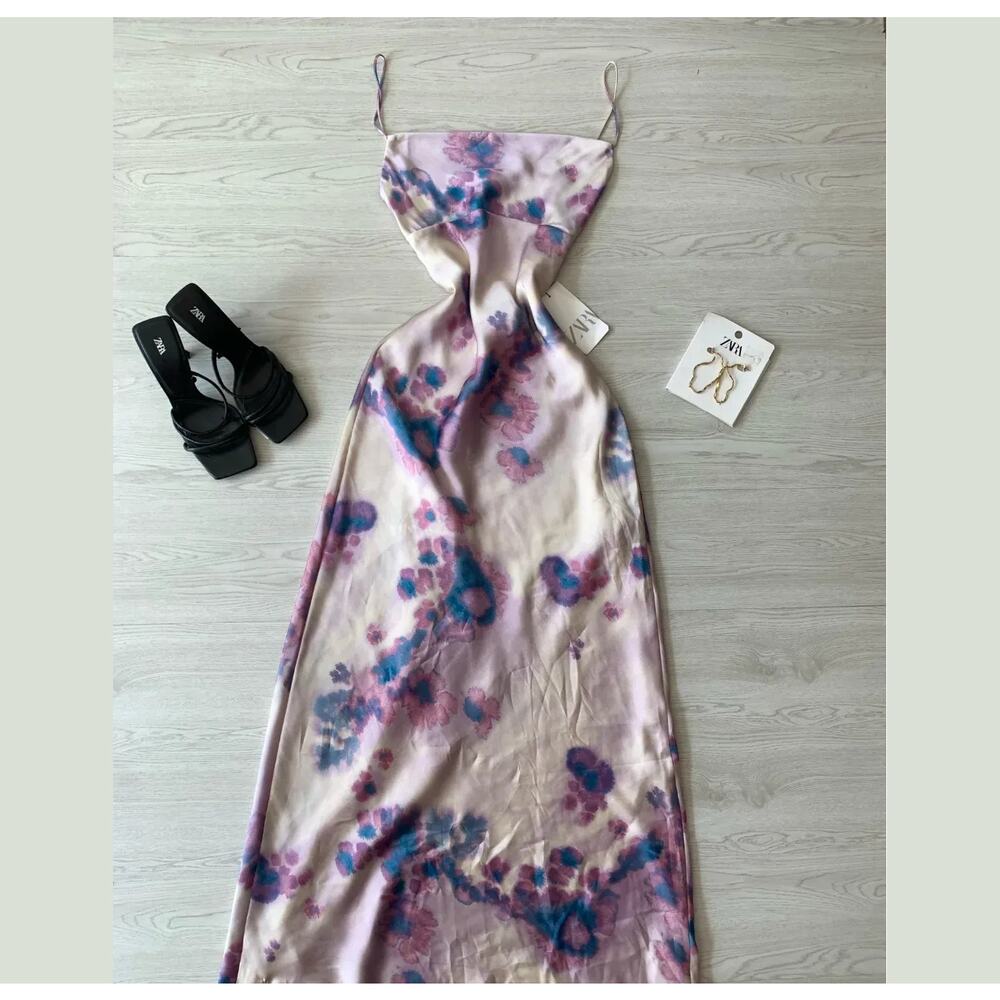 ZARA Watercolor Floral Maxi Dress NWT Cowl Neck Open Back Wedding Guest M L - Picture 15 of 16